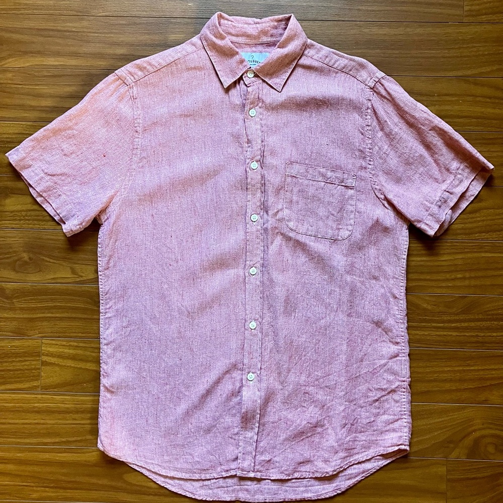 Portuguese Flannel 100% Linen Red Short Sleeve Button Down Shirt